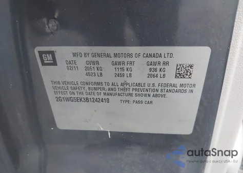 2011 Chevrolet Impala Lt z USA, uszkodzony, nr VIN 2G1WG5EK3B1242410